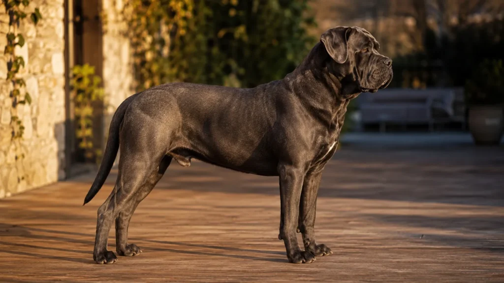 Dospelé cane corso v bočnom profile na drevenej terase v zlatom svetle. Tmavošedá krátka srsť, masívna pravouhlá hlava, prirodzené visiace uši a dlhý nekupírovaný chvost.
