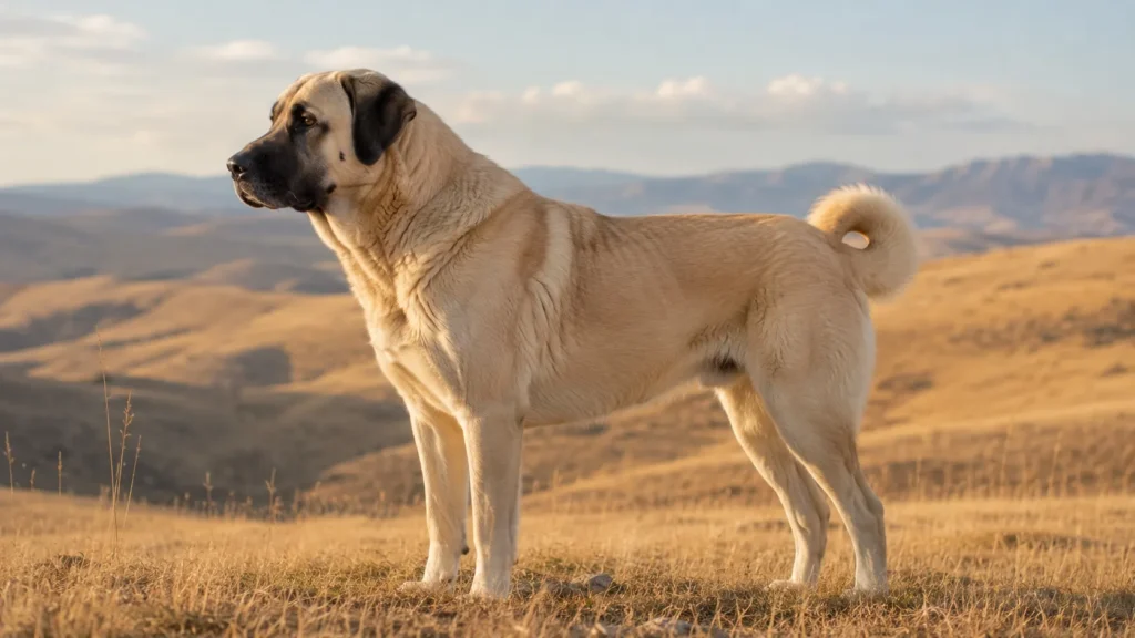Dospelý kangal v bočnom profile na trávnatom kopci anatolskej krajiny v zlatom svetle. Plavá srsť, výrazná čierna maska na ňufáku a dlhý chvost prehodený cez chrbát.