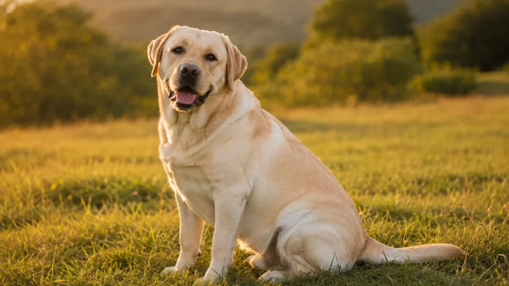 Dospelý žltý labrador sedí v trojštvrťovom profile na zelenej slovenskej lúke v zlatom svetle. Krémová krátka srsť, priateľský pohľad a typický silný „vydrí" chvost.
