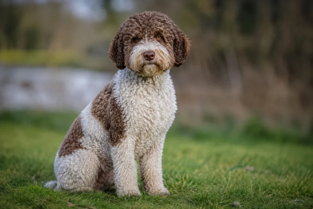 Dospelý taliansky vodný pes (lagotto romagnolo) sedí na tráve pri vode. Hustá kučeravá hnedo-biela srsť, kučeravá brada a tmavé okrúhle oči, typický plyšový vzhľad plemena.