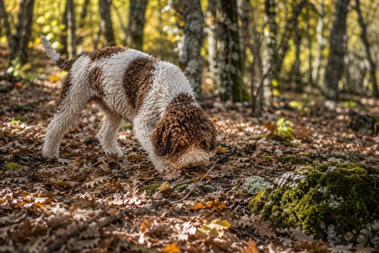 Lagotto so sklonenou hlavou ňuchá lístie na dne jesenného dubového lesa. Scéna ukazuje povestný hľuzovkársky inštinkt plemena.