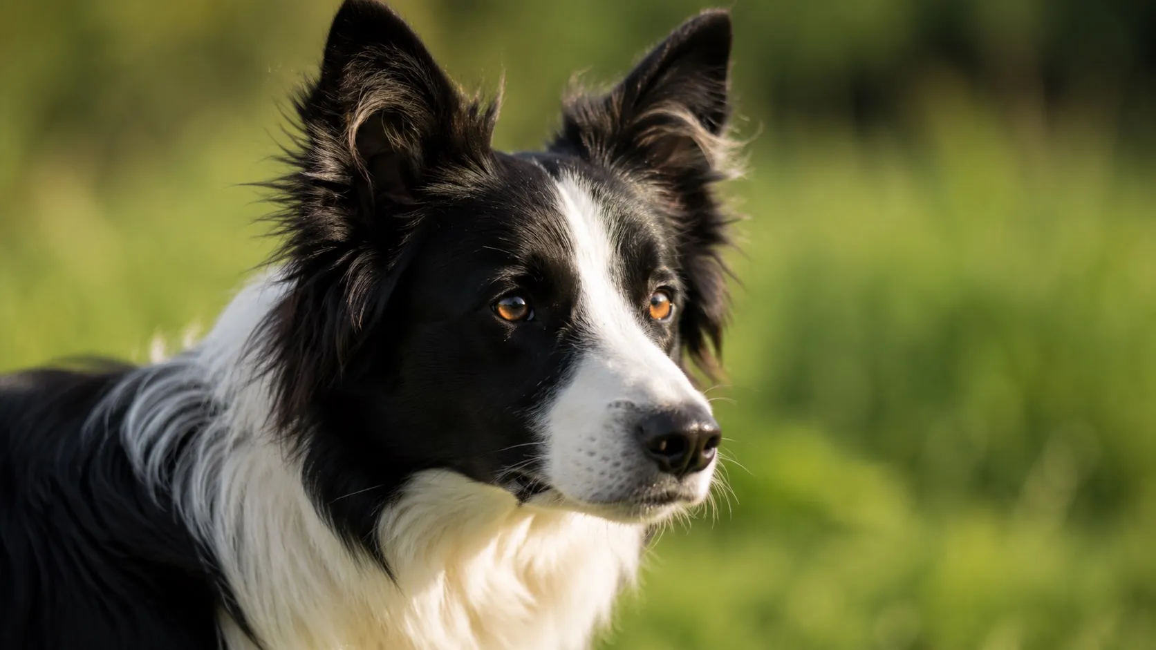 Detailný portrét border kólie v trojštvrťovom profile. Sústredené oči a typický „collie stare" prezrádzajú inteligenciu, podľa ktorej plemeno preslávilo.
