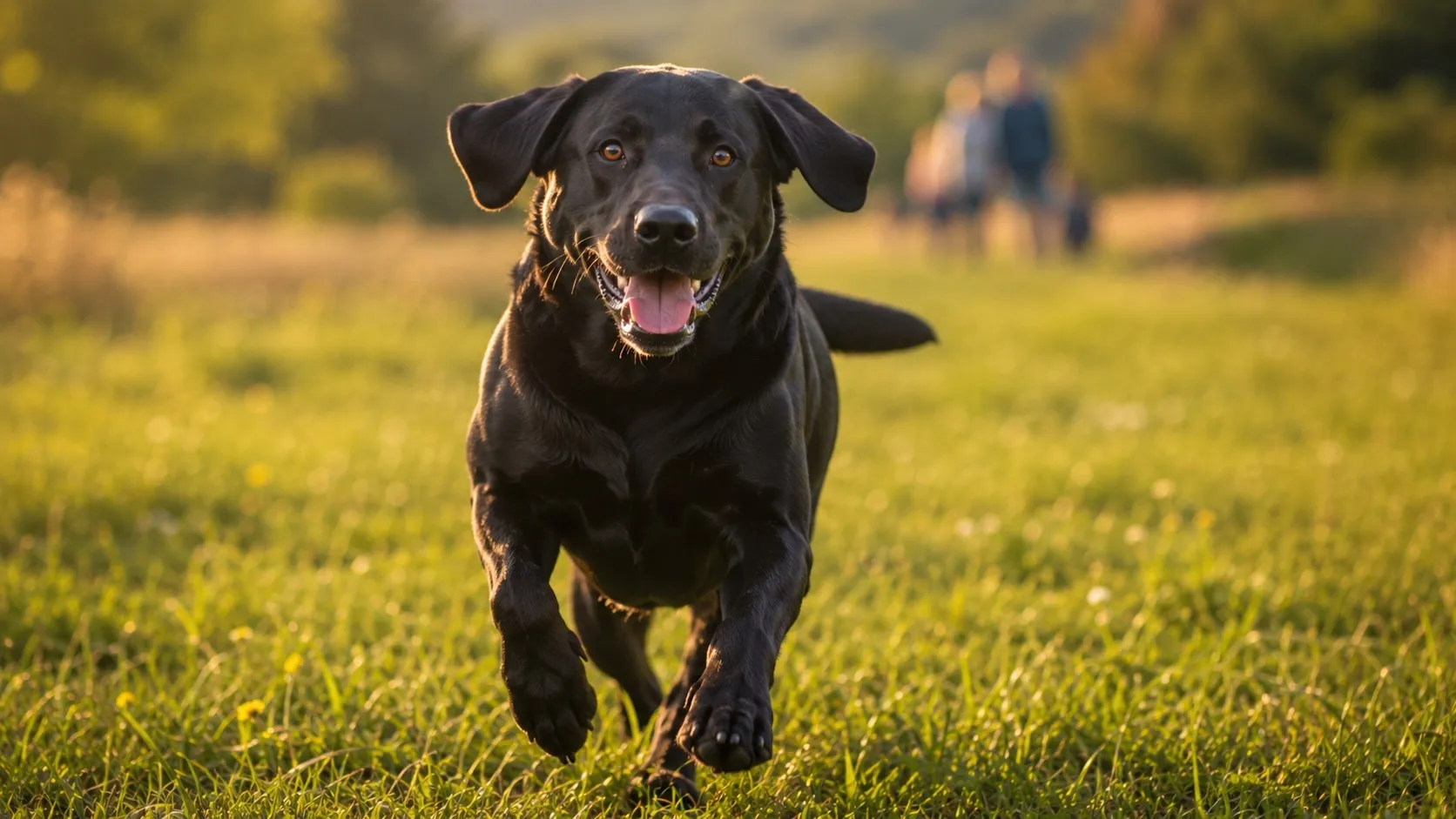 Čierny labrador beží radostne v ústrety divákovi cez slovenskú lúku v podvečernom svetle. V hmlistom pozadí sa črtá rodina na prechádzke ako jemný náznak rodinného kontextu plemena.