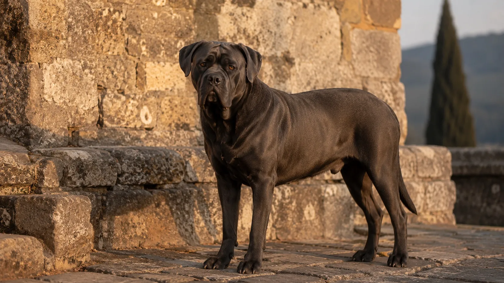 Cane corso stojí pred prastarým talianskym kamenným múrom v zlatom popoludňajšom svetle. Atmosféra naznačuje historický pôvod plemena ako talianskeho strážcu.