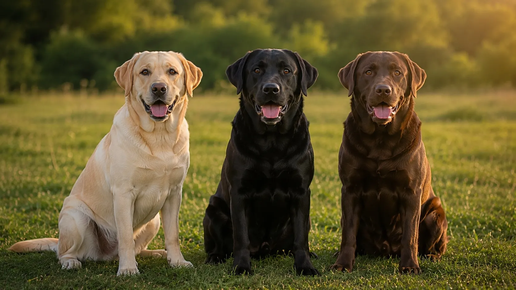 Tri dospelí labradori — žltý, čierny a čokoládový — sedia bok po boku na zelenej lúke. Referenčný záber ukazuje tri klasické farebné varianty plemena.