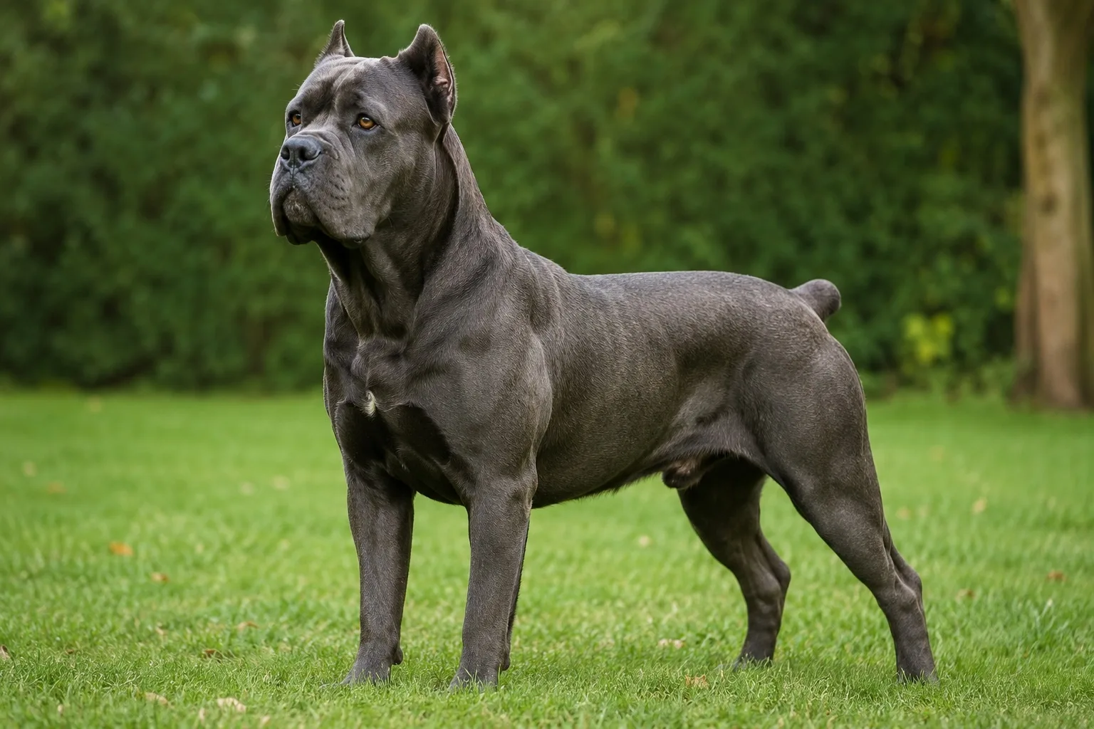 Sivé (modré) cane corso v čistom trojštvrťovom profile na zelenej lúke pri rovnomernom dennom svetle. Referenčný záber ukazuje silnú pravouhlú hlavu, hlboký hrudník a vyvážené proporcie molossoida.