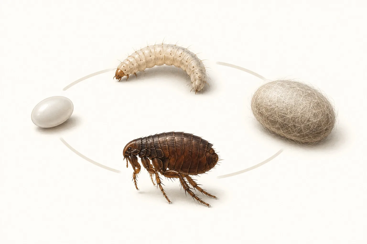 Ilustrácia životného cyklu blchy v štyroch štádiách (vajíčko, larva, kukla a dospelá blcha) usporiadaných do kruhu na svetlom neutrálnom pozadí.