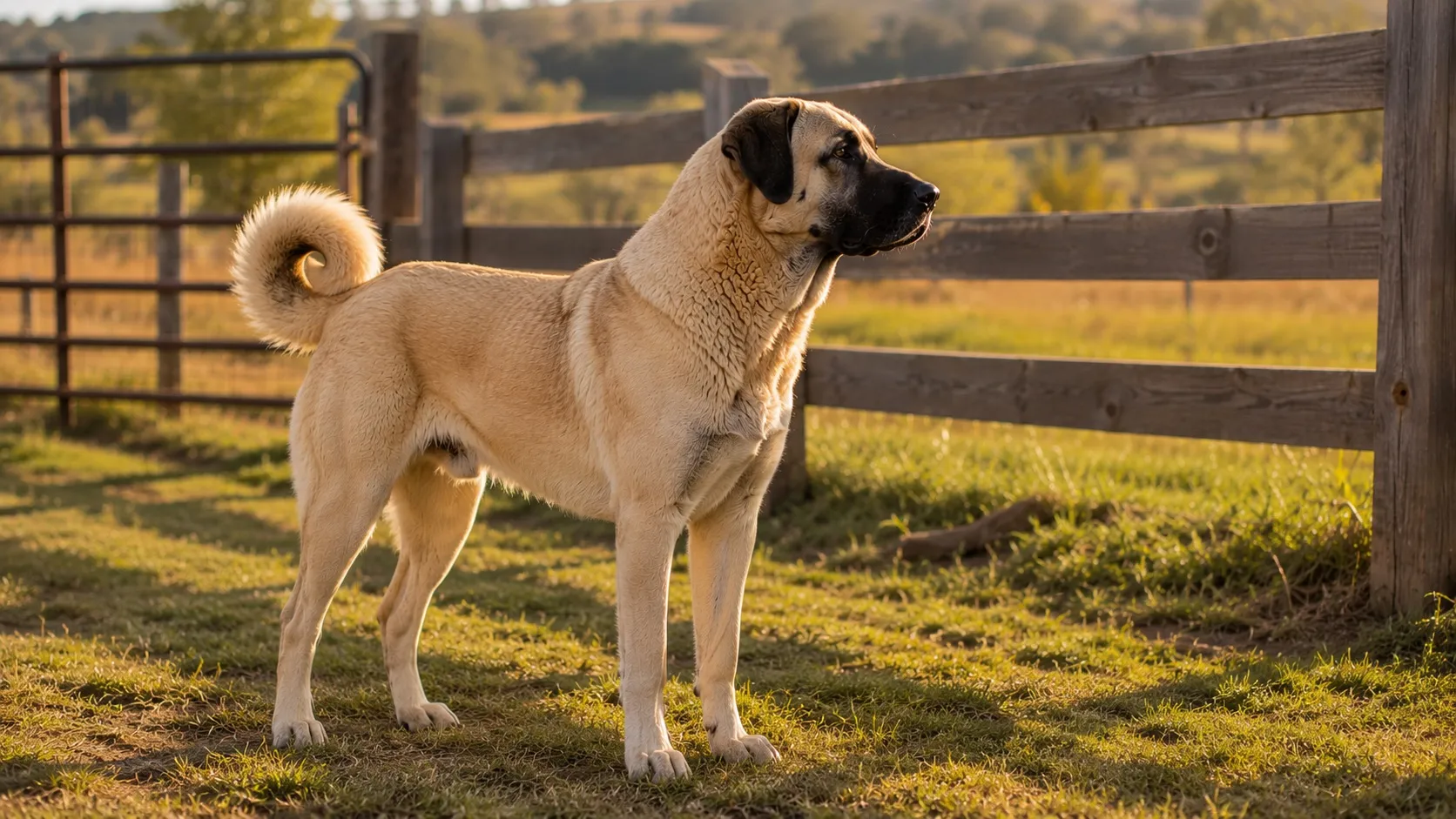 Dospelý kangal pokojne stojí na trávniku vo veľkom oplotenom slovenskom pozemku v zlatom svetle. Drevený plot v rozostrenom pozadí naznačuje jeho úlohu strážcu domáceho teritória.