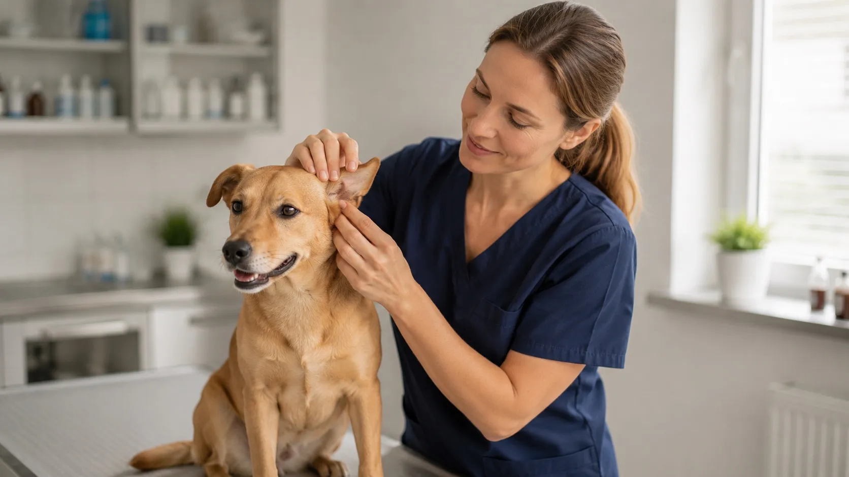 Pokojná veterinárna konzultácia: pes stojí na vyšetrovacom stole a veterinárka mu obzerá kožu za uchom. Atmosféra je dôverná, nie stresová.