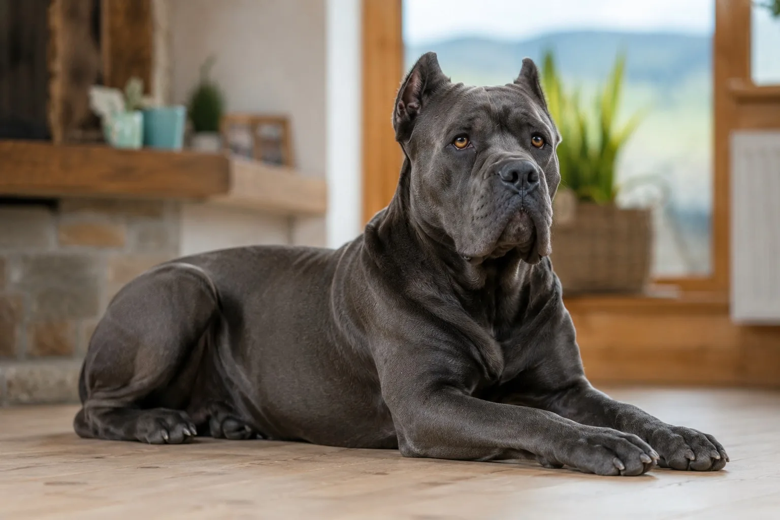 Tmavošedé cane corso pokojne leží na drevenej podlahe slovenského domu, hlavu má zdvihnutú a oči pozorné. Klasická pokojná prítomnosť plemena doma.