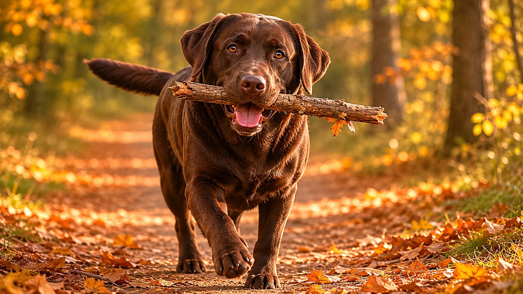 Dospelý čokoládový labrador kráča ústretovo po jesennej lesnej cestičke a v papuli nesie malú paličku. Klasická retrieverská chvíľa, ktorá zachytáva priateľskú povahu plemena.