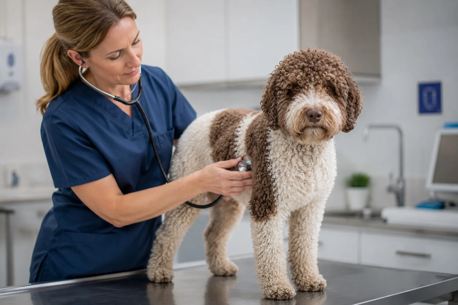 Lagotto pokojne stojí na vyšetrovacom stole, veterinárka ho počúva stetoskopom v modernej ambulancii. Ilustruje dôraz na zdravie a dedičné testy plemena.