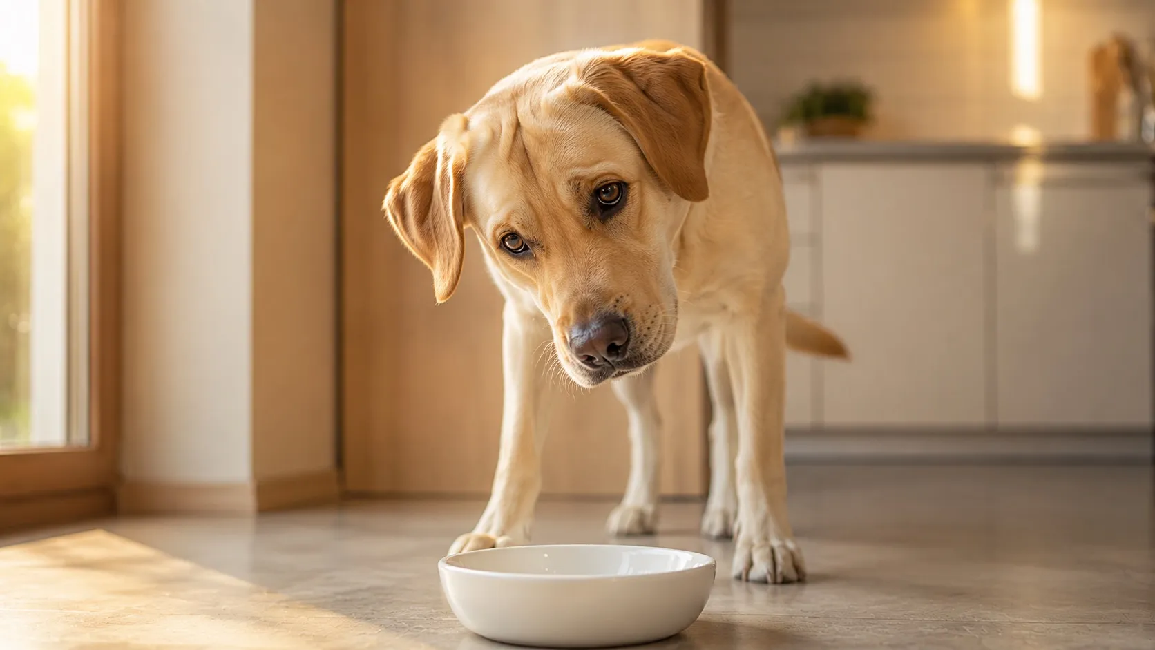 Dospelý žltý labrador stojí v slovenskej kuchyni nad prázdnou bielou miskou a s typickým prosíkajúcim pohľadom čaká na jedlo. Humorný moment zachytávajúci povestný apetít plemena.