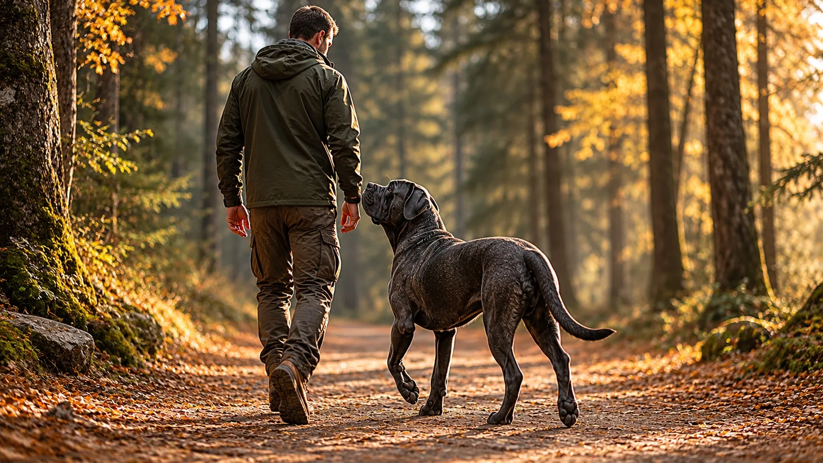 Široký záber: muž v zelenej bunde kráča s dospelým cane corso po lesnej cestičke. Pohľad od chrbta zdôrazňuje pokojnú spoluprácu skúseného majiteľa a náročného plemena.
