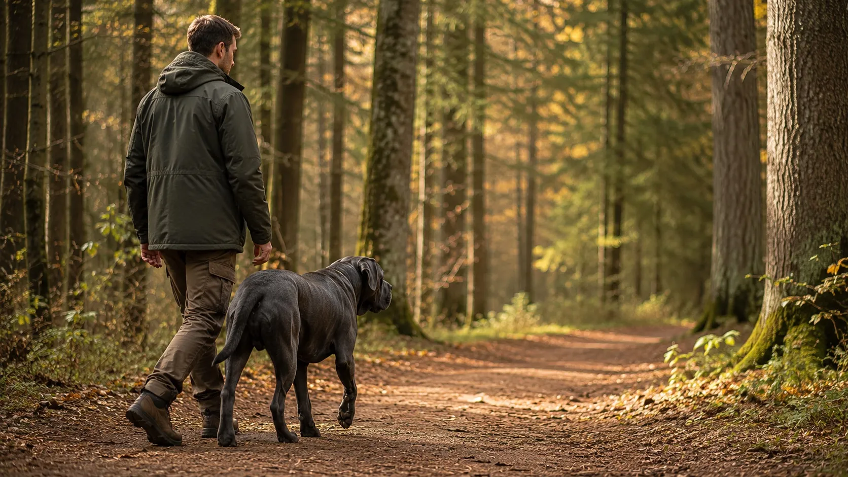 Slovak v béžovom svetri čupí v parku vedľa štvormesačného šteniatka cane corso a jemne mu podáva ruku. Pozitívna socializačná chvíľa v najdôležitejšom období plemena.