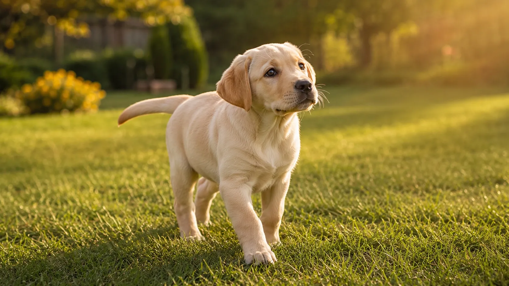 Štvormesačné šteniatko žltého labradora zvedavo skúma trávnik v slovenskej záhrade v podvečernom svetle. Záber z primeranej vzdialenosti zachytáva celú postavu šteniatka v pohybe.