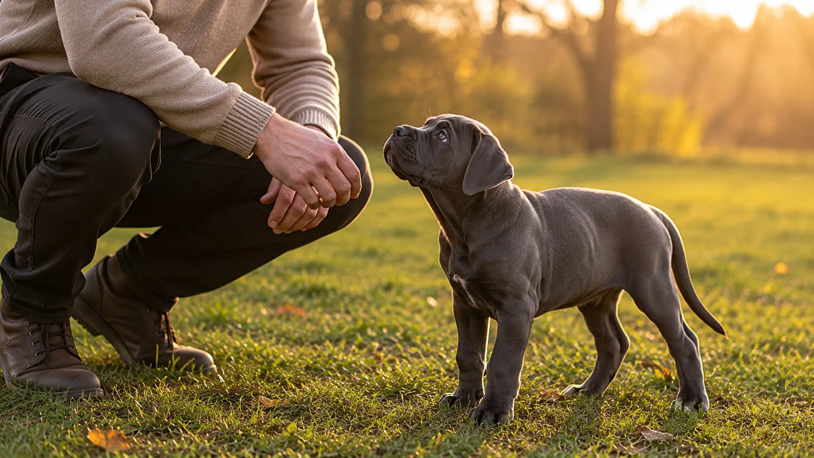 Desaťmesačné cane corso v slovenskej záhrade v podvečernom svetle. Telo už takmer dospelé, hlava ešte dorastá — typický adolescent, ktorý preverí výchovu.