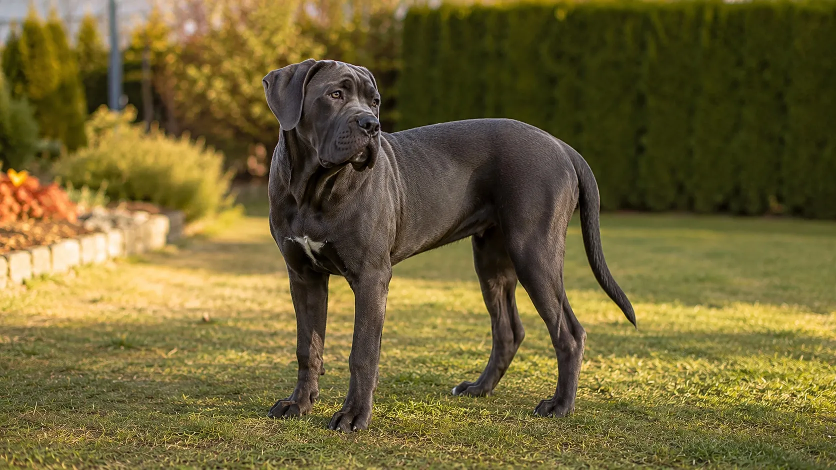 Tmavošedé cane corso leží na hrubom vlnenom koberci v slovenskej obývačke a pokojne sleduje miestnosť. Pohľad ukazuje, ako plemeno zapadá do rodinného života.