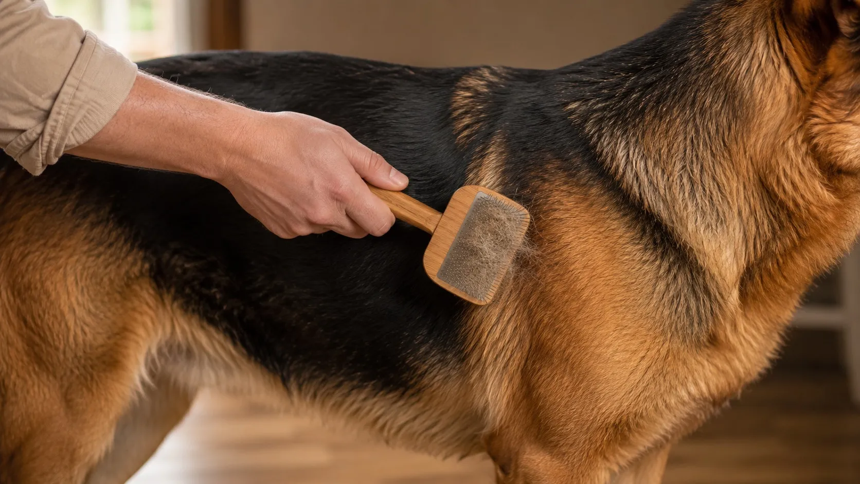 Detail ruky, ktorá drevenou kefou vyčesáva srsť dospelému nemeckému ovčiakovi. Pravidelná chvíľa starostlivosti o hustú dvojitú srsť plemena.