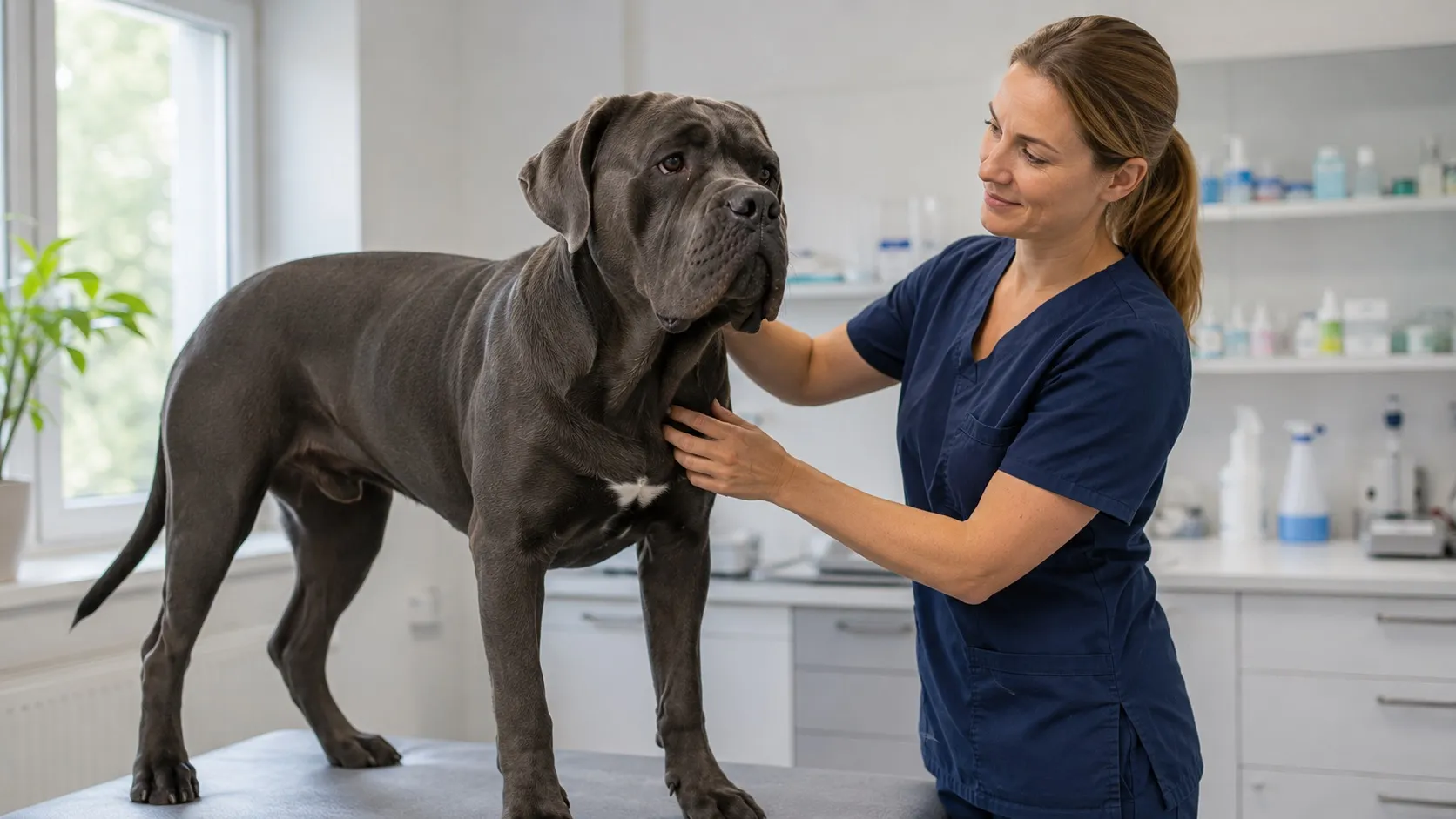 Veterinárka v tmavomodrej blúze opatrne vyšetruje plece dospelého cane corso na čistom svetlom vyšetrovacom stole. Pokojná dôverná atmosféra modernej slovenskej ambulancie.