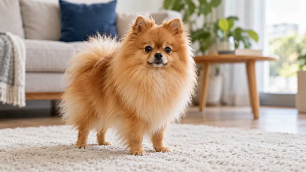 Pomeranian s hustou oranžovou dvojitou srsťou stojí na svetlom koberci v byte a pozorne sa pozerá do objektívu.