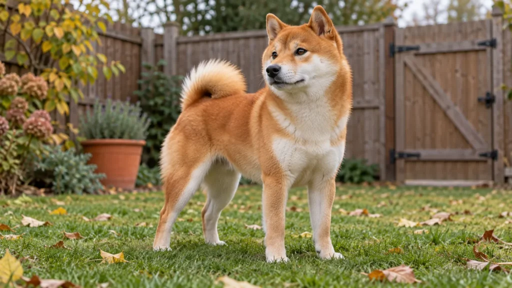 Červená shiba inu stojí na tráve v oplotenej záhrade a pozorne sleduje okolie. Za ňou je drevený plot so zatvorenou bránkou, chvost má stočený nad chrbtom.