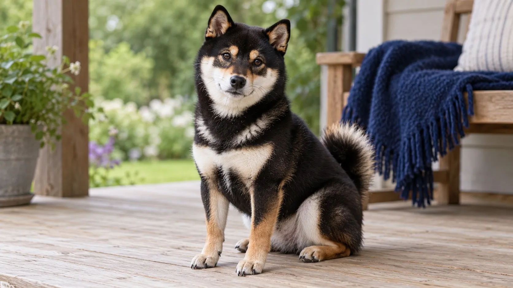 Čierno-pálená shiba inu sedí na drevenej terase. Na lícach a hrudi má krémovo biele znaky, nad očami pálené škvrny a chvost stočený nad chrbtom.