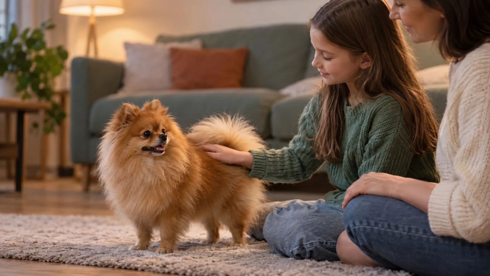 Pomeranian stojí na koberci v obývačke pri dievčati a mame, ktoré sedia na zemi. Dievča ho pod dohľadom mamy jemne hladká po chrbte.