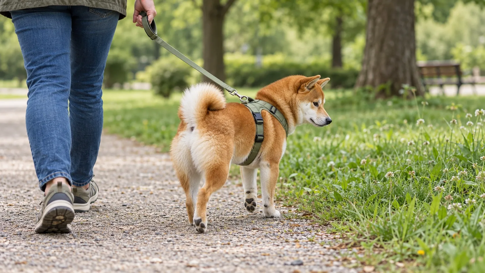 Červená shiba inu kráča po parkovom chodníku na vôdzke pripnutej k zelenému postroju. Z majiteľa je vidieť len nohy a ruku, ktorá voľne drží vôdzku.