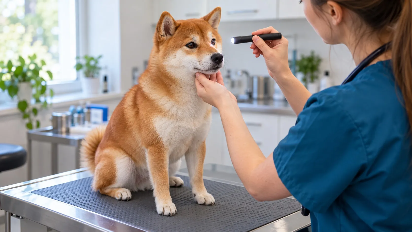 Veterinárka v petrolejovomodrom oblečení prezerá červenej shibe inu oči malou baterkou. Pes pokojne sedí na vyšetrovacom stole s protišmykovou podložkou.