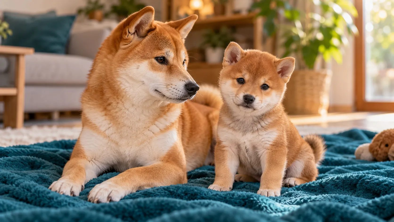 Šteniatko shiba inu vo veku asi osem týždňov sedí na tyrkysovej deke vedľa svojej matky, ktorá leží v pozícii sfingy. Obe sú červené so svetlými znakmi na lícach a hrudi.