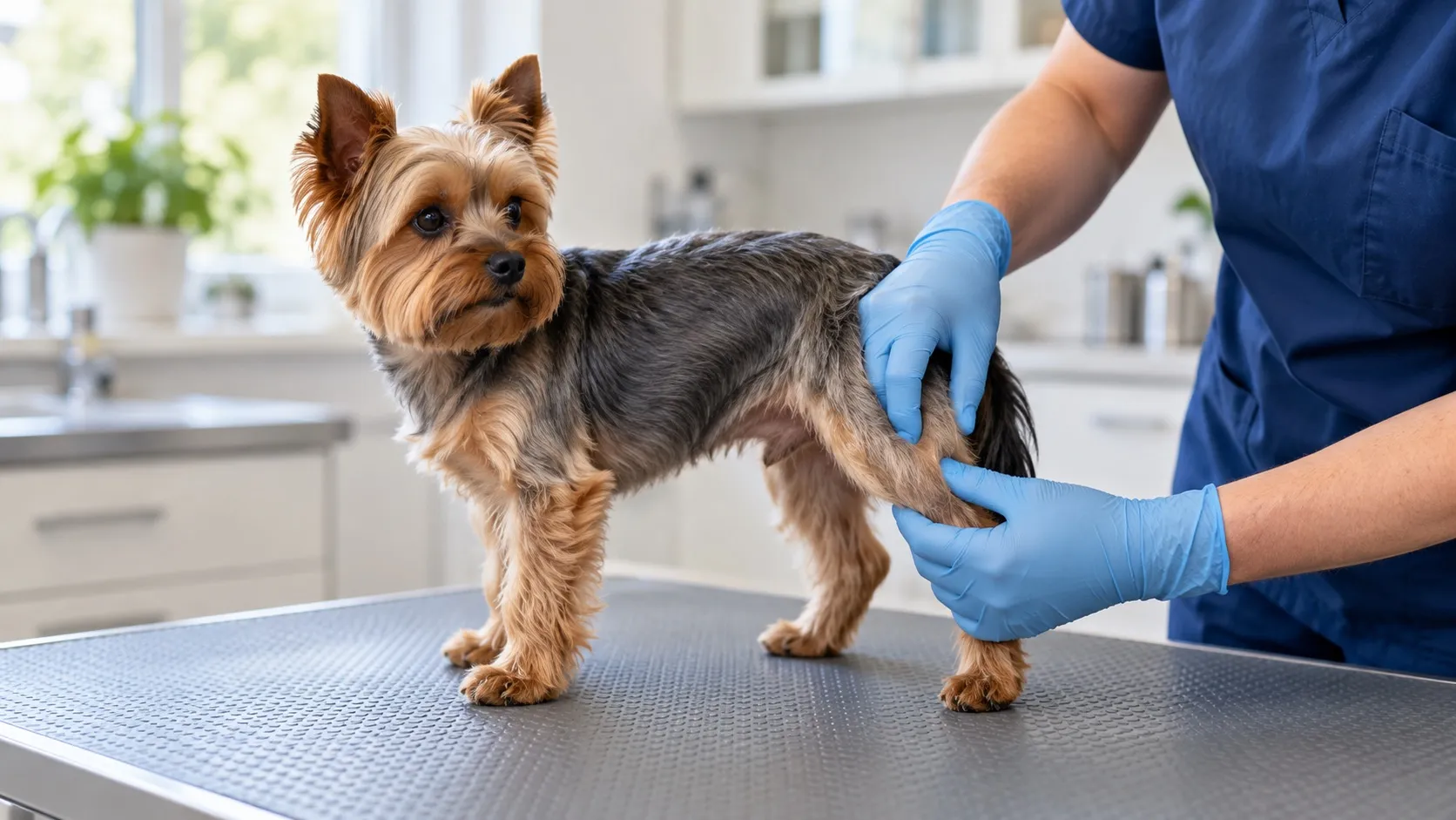 Veterinár v rukaviciach jemne prehmatáva koleno zadnej nohy yorkshirského teriéra, ktorý pokojne stojí na vyšetrovacom stole.